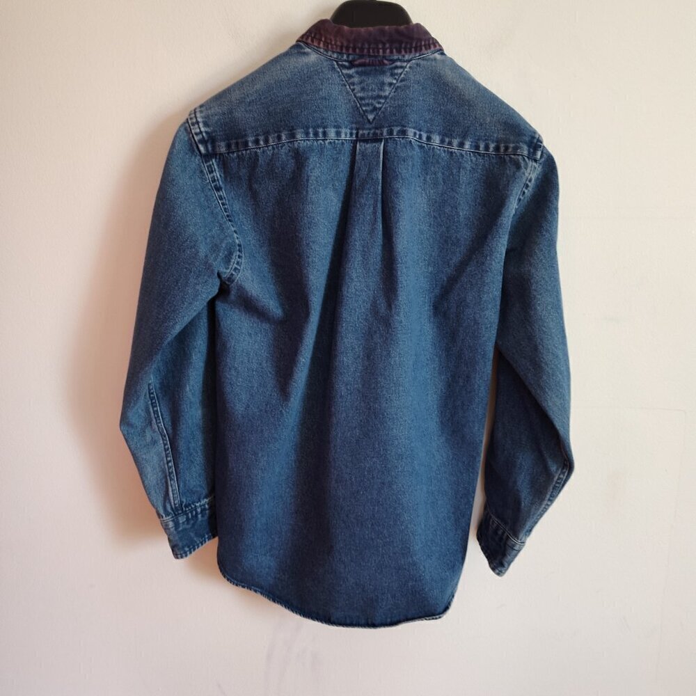 Boys SZ M Vintage Tommy Hilfiger Green/Multi Mixed Media Denim Shirt - Picture 5 of 6